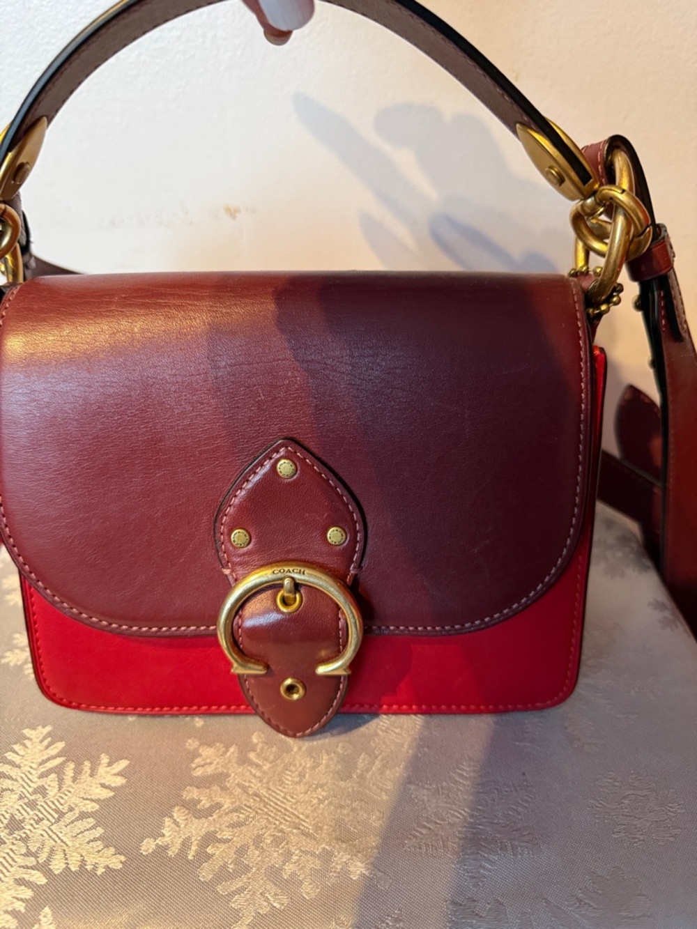 Coach Two-Tone Red and Burgundy Leather Crossbody with Gold Buckle - Picture 3 of 7